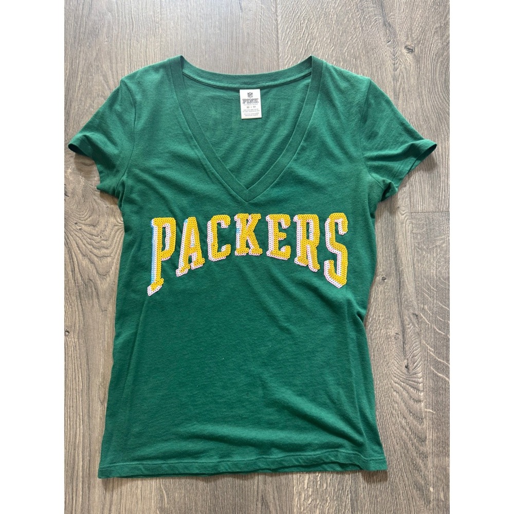 PINK Victoria's Secret NFL Green Bay Packers Tee XS Green Sequin V-Neck PERFECT
